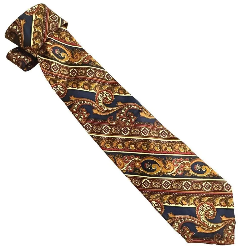 Vintage 70s John Comfort, England Gold and Navy Blue Paisley Striped Neck Tie